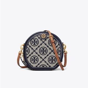 Tory Burch T monogram jacquard moon bag.